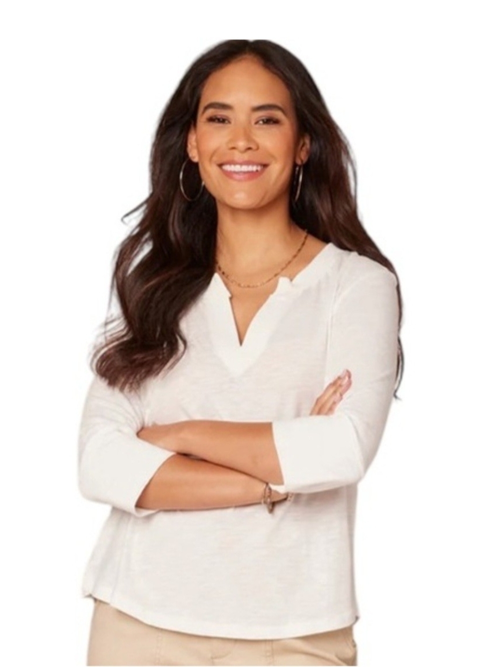 Democracy Elbow Roll Cuff Sleeve Split V Neck Surplus Hem Knit Top White Small